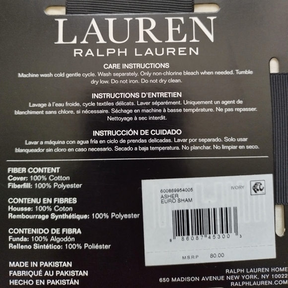 Ralph Lauren One (1) ASHER Euro Sham Ivory off white 26 x 26 Quilted Cotton - Picture 6 of 8